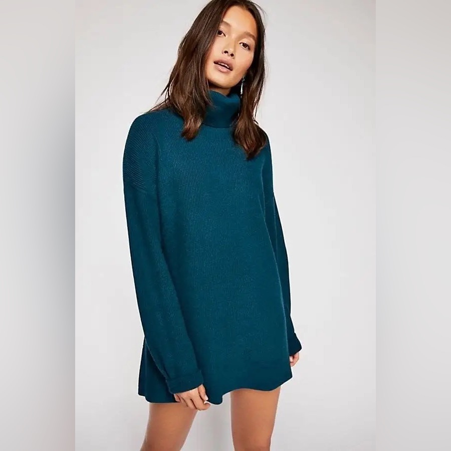 Free People Deep Teal Oversized Turtleneck Knit Tunic Sweater